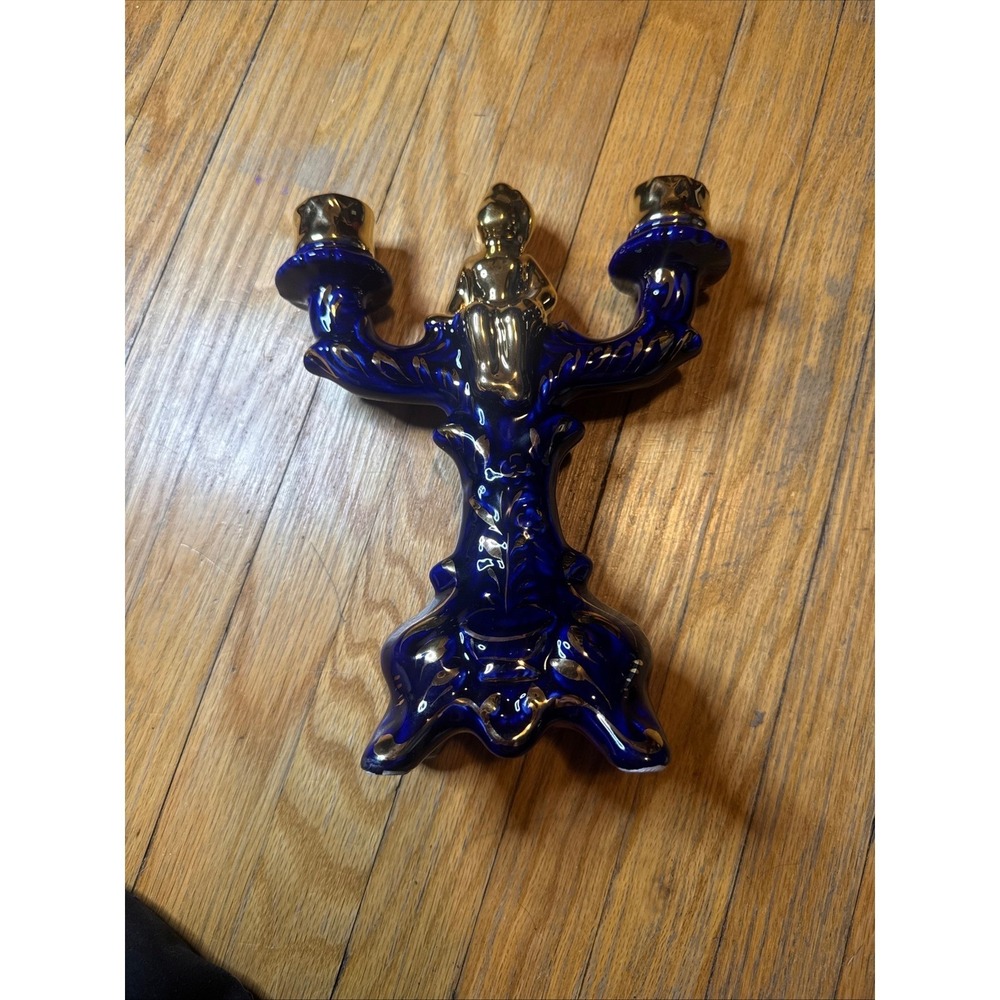 Vintage Cobalt Blue Ceramic Candelabra Cherub Figurine 2-Light Holder